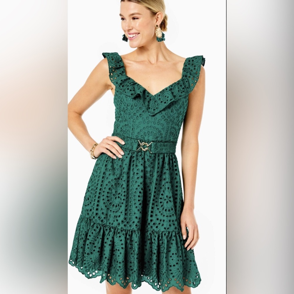 Lilly Pulitzer Emerald Eyelet Ruffle Belted Dress
